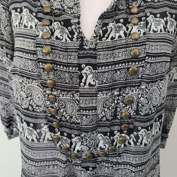 Angie Size L Black White Elephant Print Sheer Blouse with Brass Detail - Picture 2 of 10
